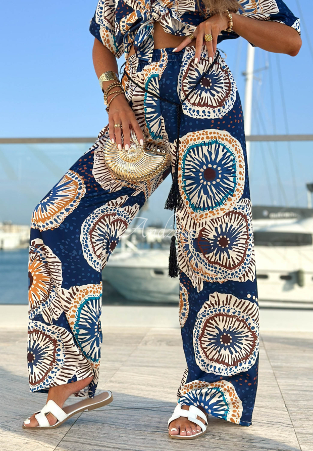Gemusterte Satinhose mit weitem Bein Ocean Fresco Dunkelblau