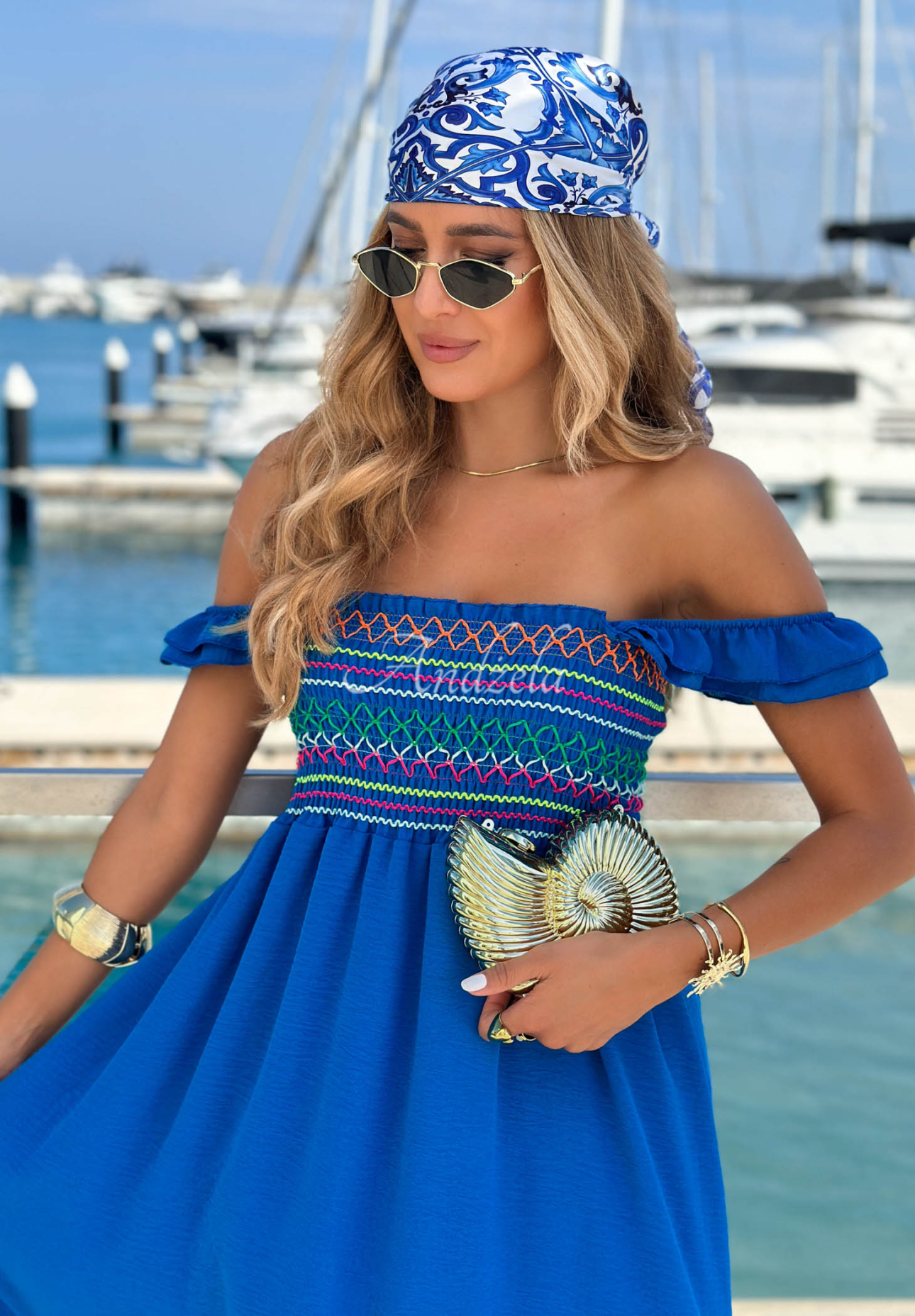 Besticktes Viskose-Trägerkleid mit Rüsche Paradise Sunrise Kobaltblau