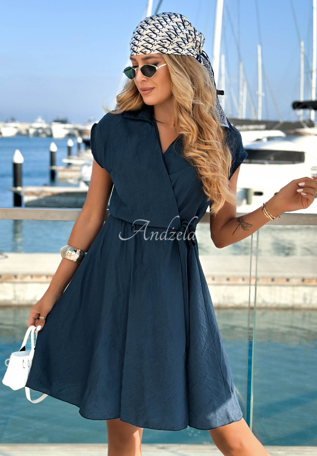 Wickelkleid aus Viskose mit Bindeband und Kragen Night Sea Dunkelblau