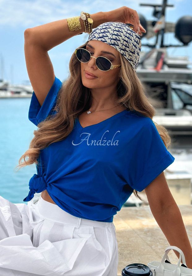 Baumwoll-T-Shirt mit V-Ausschnitt Sea Sailing Kobaltblau