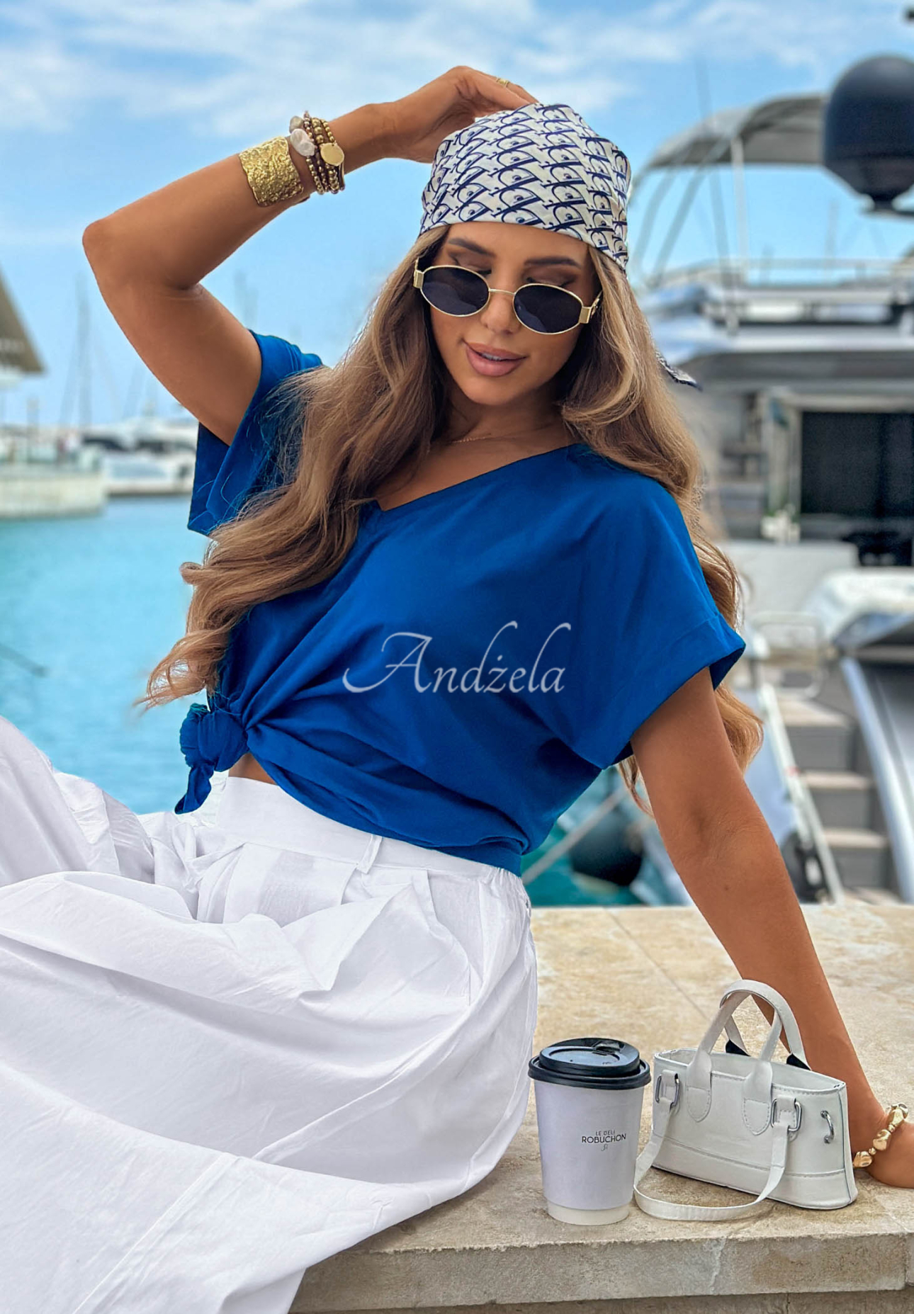 Baumwoll-T-Shirt mit V-Ausschnitt Sea Sailing Kobaltblau