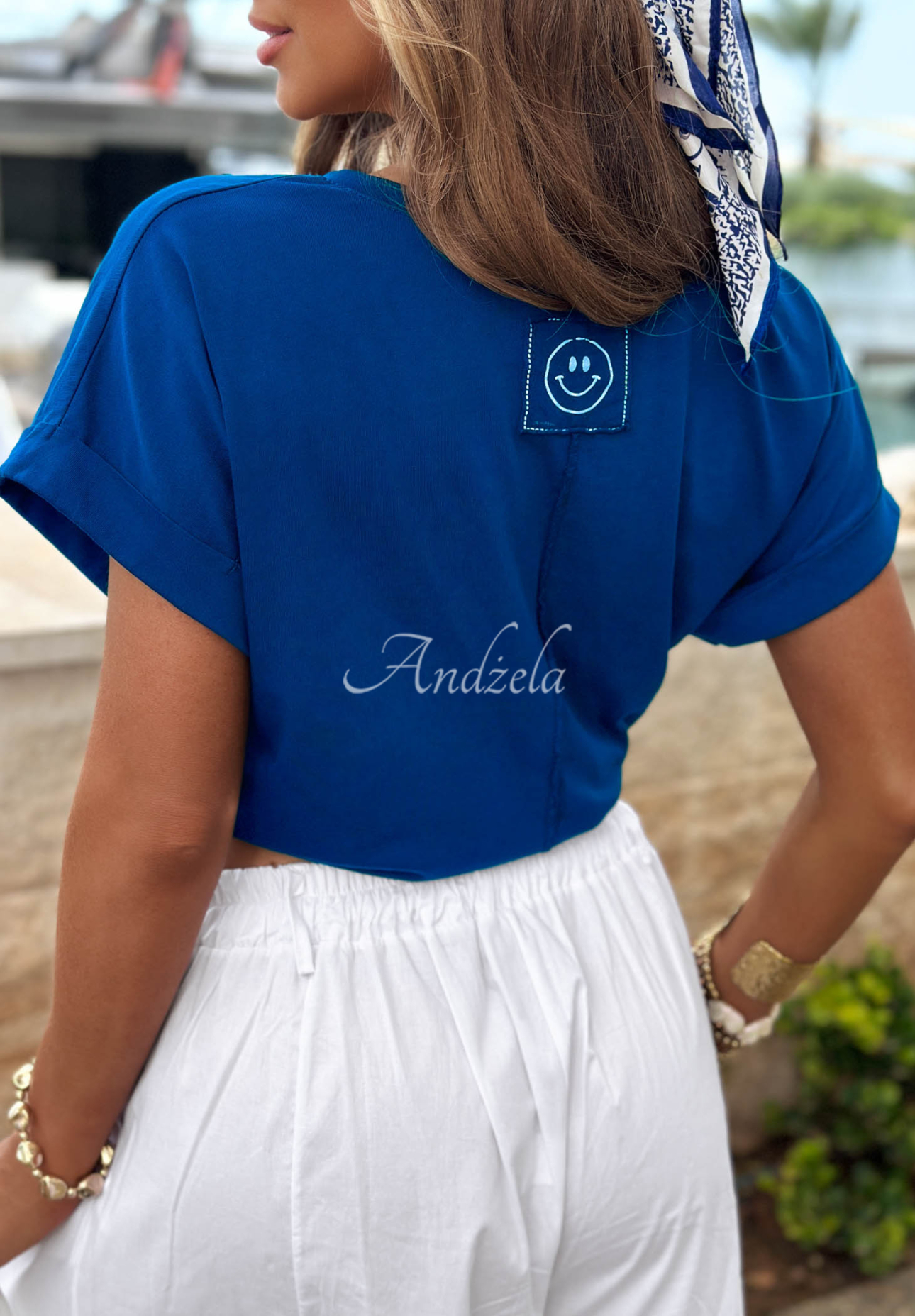 Baumwoll-T-Shirt mit V-Ausschnitt Sea Sailing Kobaltblau