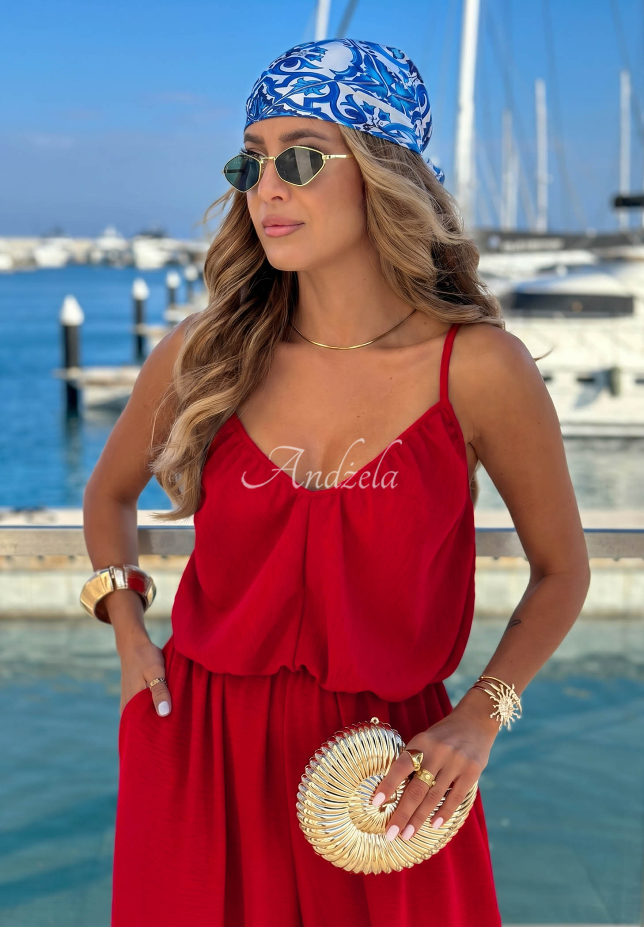 Langer Overall mit Trägern aus Viskose Salt Breeze Rot