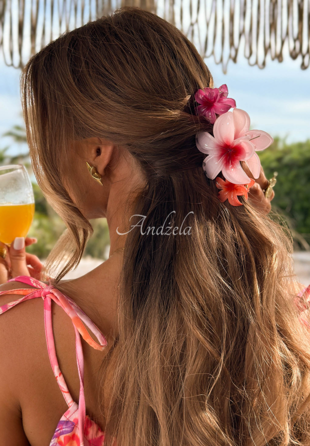 3-in-1-Set mit Blumen-Haarspangen Aloha Flora rosa-orange