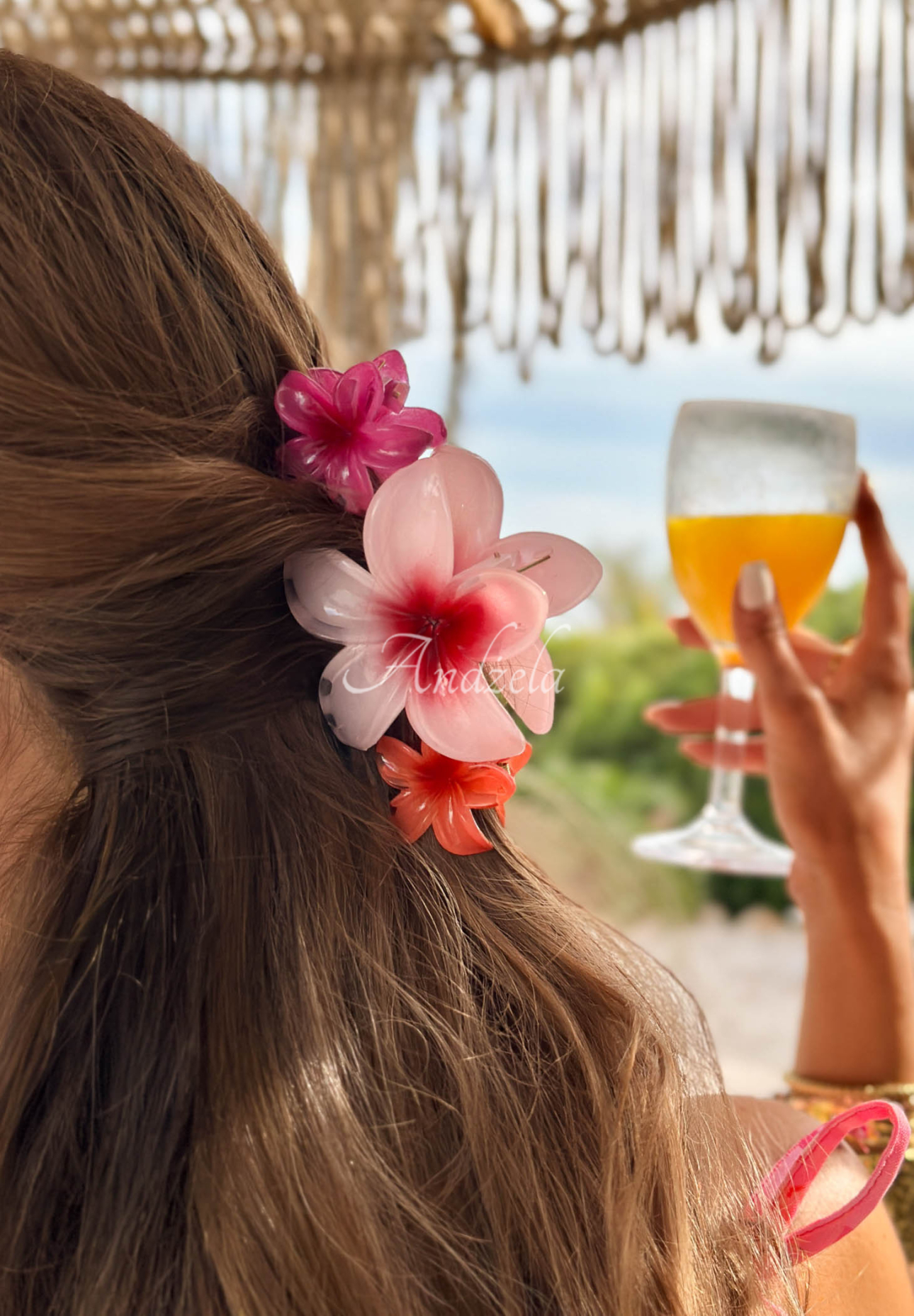 3-in-1-Set mit Blumen-Haarspangen Aloha Flora rosa-orange