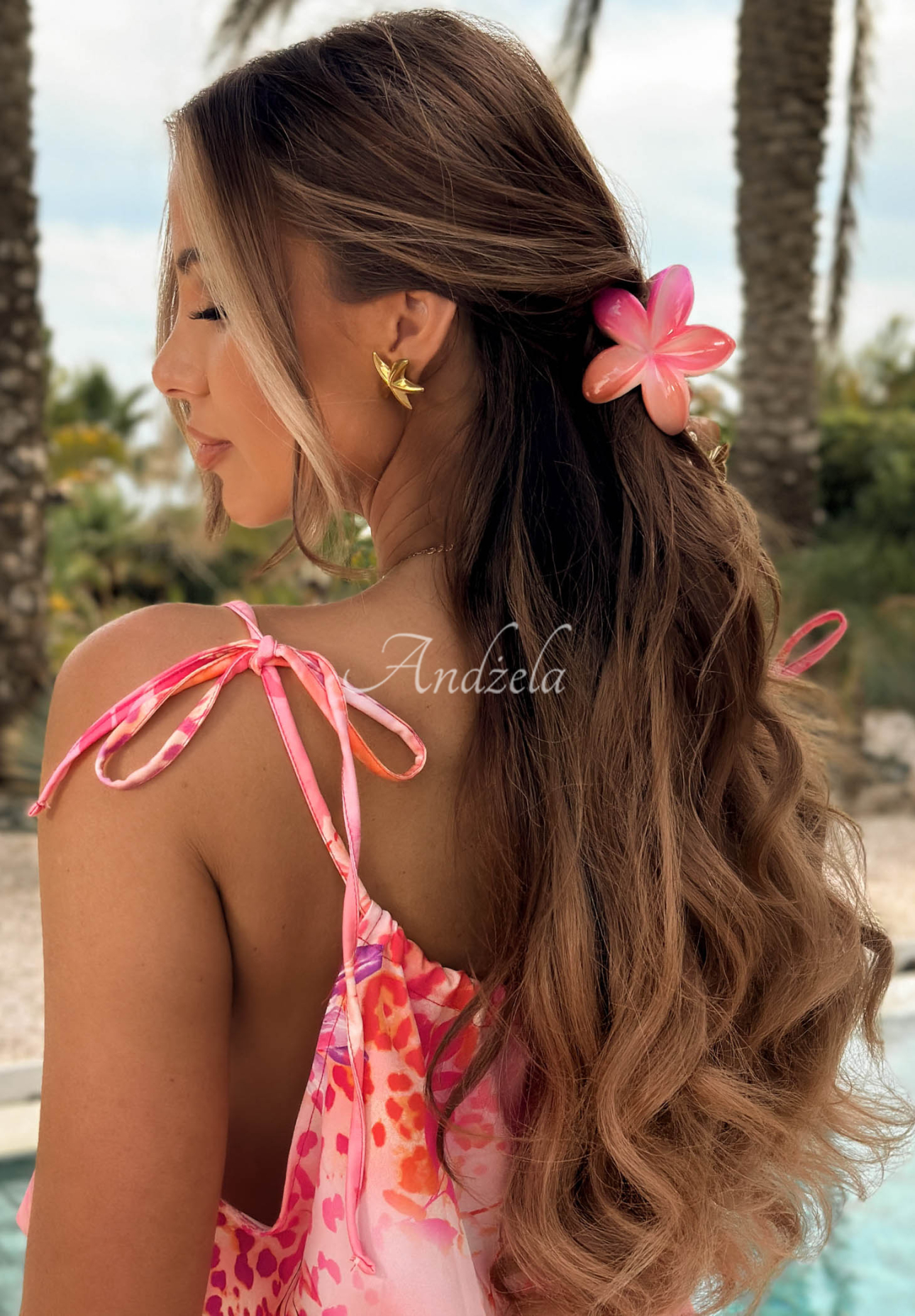 Blumenförmige Haarspange Hibiscus Sunrise rosa-orange