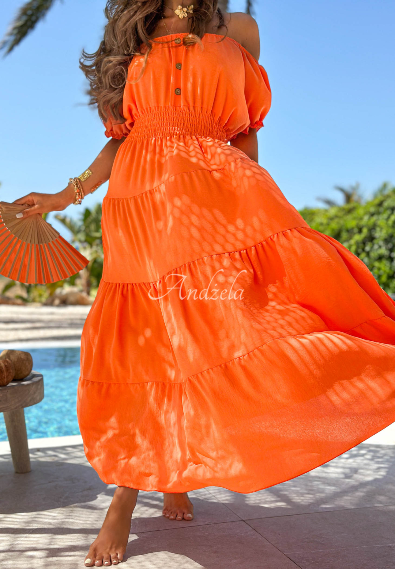 Viskose-Kleid im Off-Shoulder-Stil mit Rüschen Paradise Sundown Orange