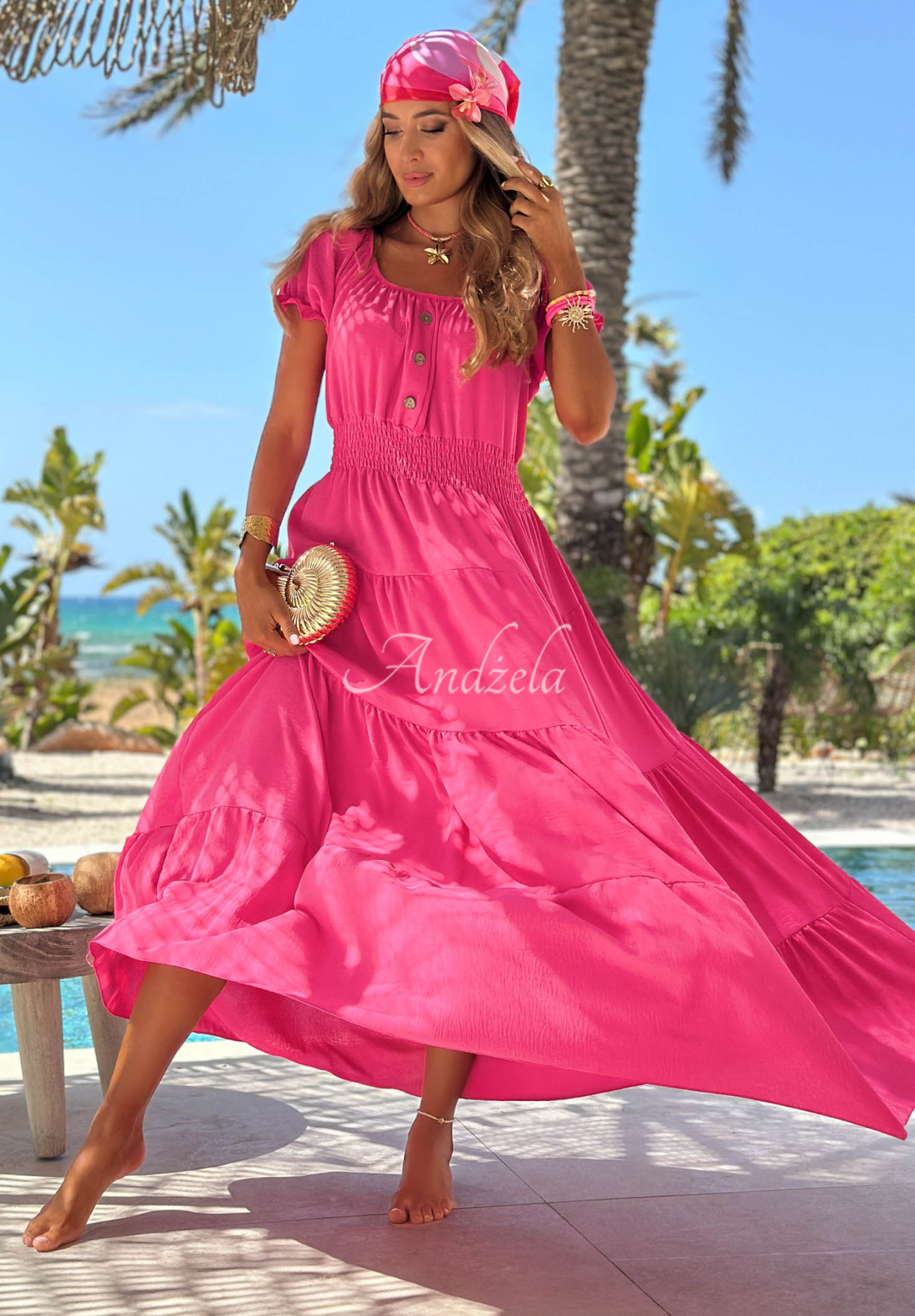 Viskose-Kleid im Off-Shoulder-Stil mit Rüschen Paradise Sundown Rosa