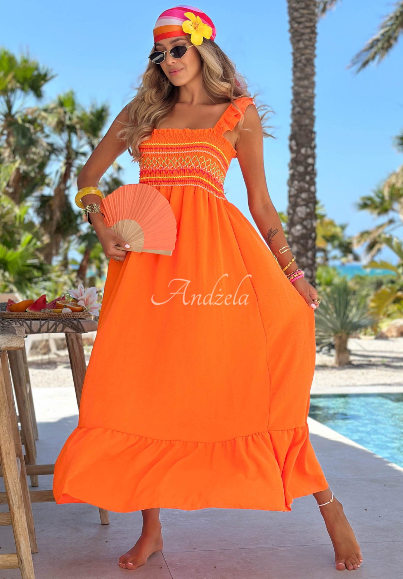 Besticktes Viskose-Trägerkleid mit Rüsche Paradise Sunrise Orange