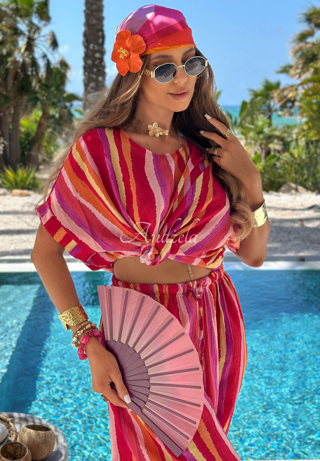 Set aus T-Shirt und Hose aus Viskose mit bunten Streifen Water Rainbow Orange-rosa