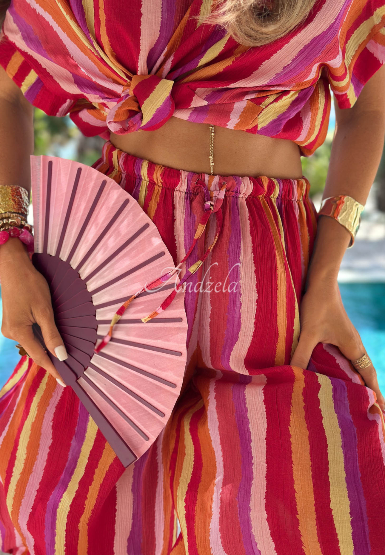 Set aus T-Shirt und Hose aus Viskose mit bunten Streifen Water Rainbow Orange-rosa