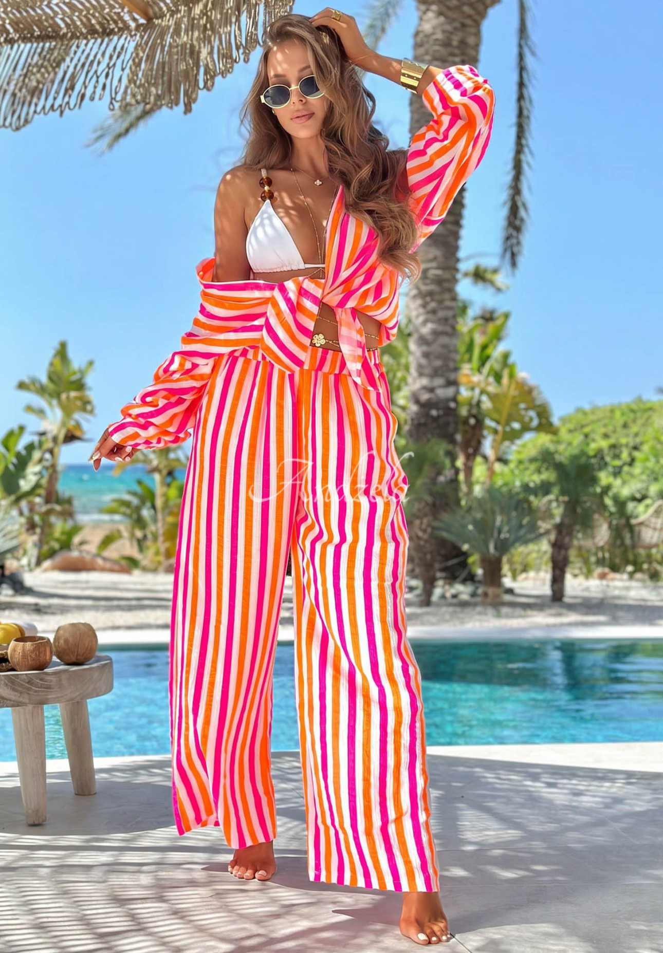 Gestreiftes Baumwoll-Set aus Hemd und Hose Summer Candy orange-rosa