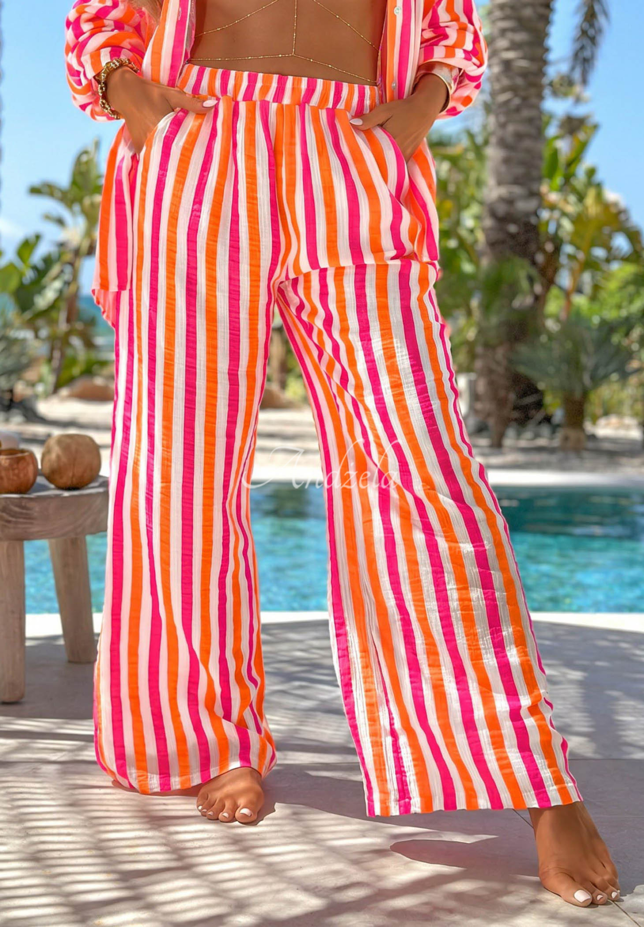 Gestreiftes Baumwoll-Set aus Hemd und Hose Summer Candy orange-rosa