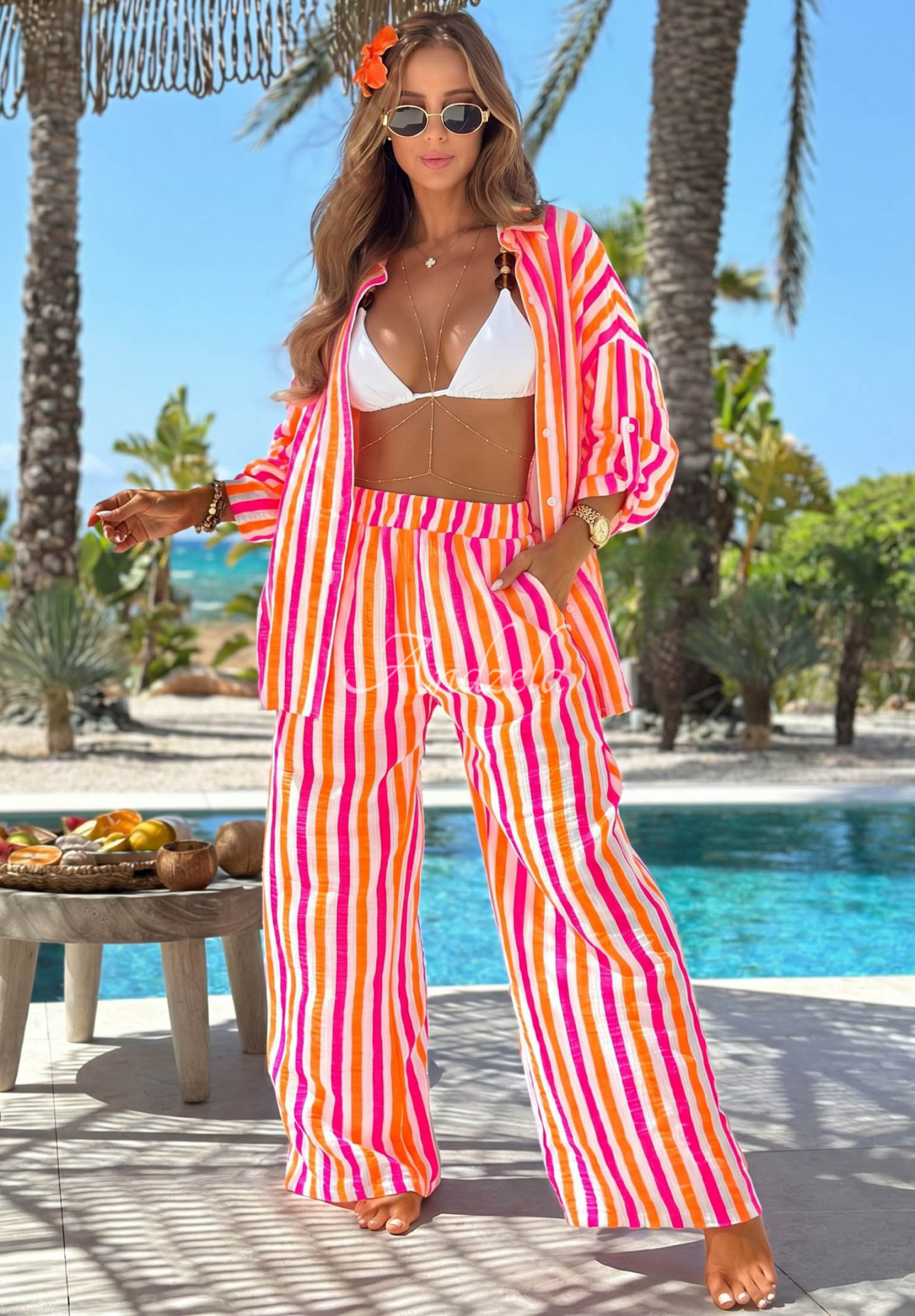 Gestreiftes Baumwoll-Set aus Hemd und Hose Summer Candy orange-rosa