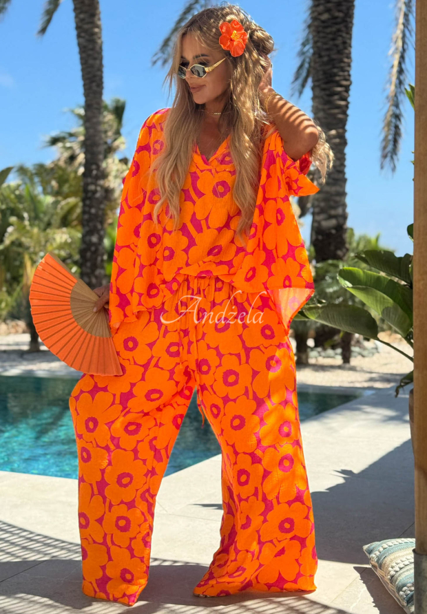 Viskose-Set aus Hemd und Hose mit Blumenmuster Haiti Flora Orange-Fuchsia