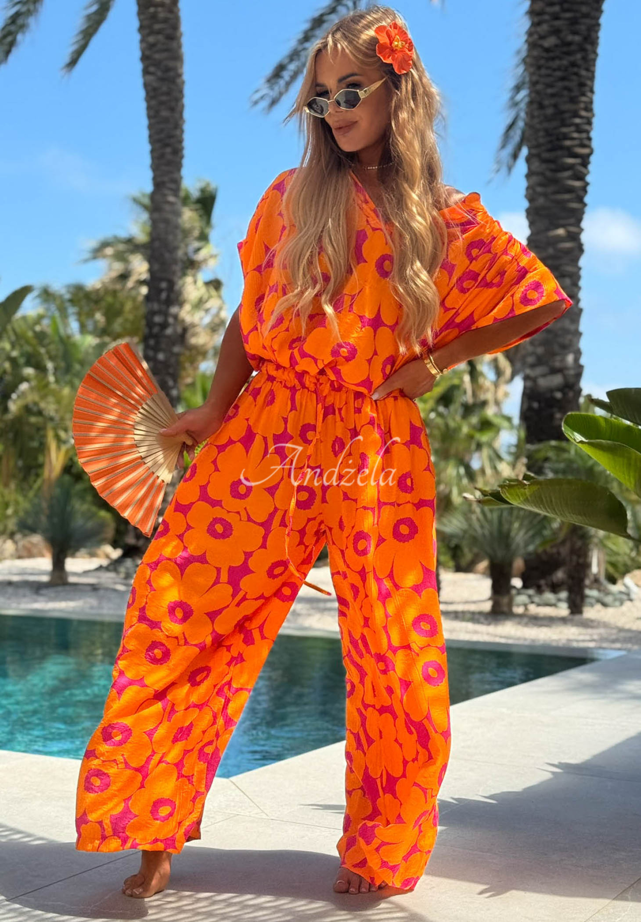 Viskose-Set aus Hemd und Hose mit Blumenmuster Haiti Flora Orange-Fuchsia