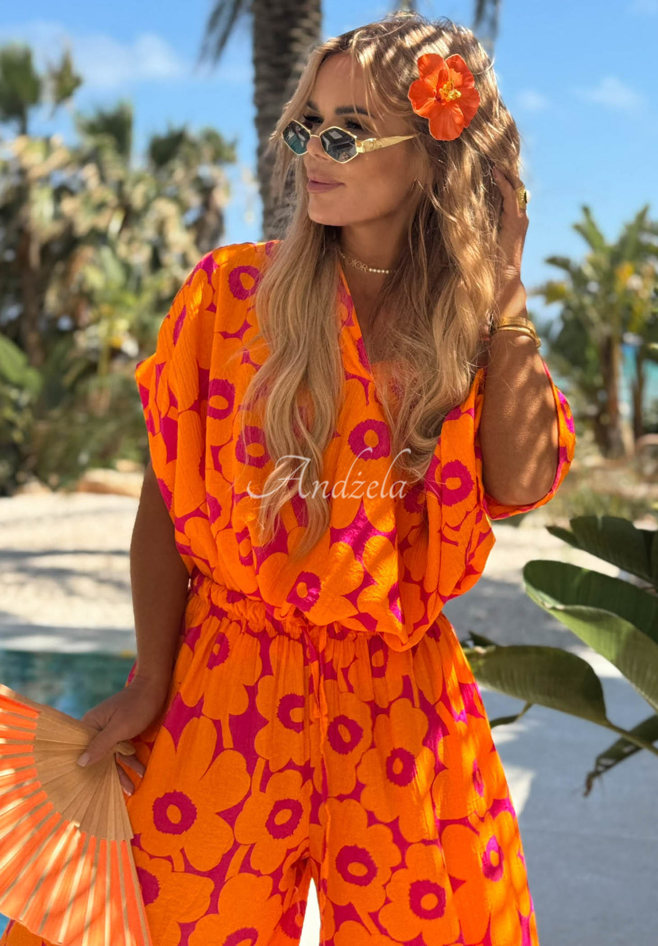 Viskose-Set aus Hemd und Hose mit Blumenmuster Haiti Flora Orange-Fuchsia