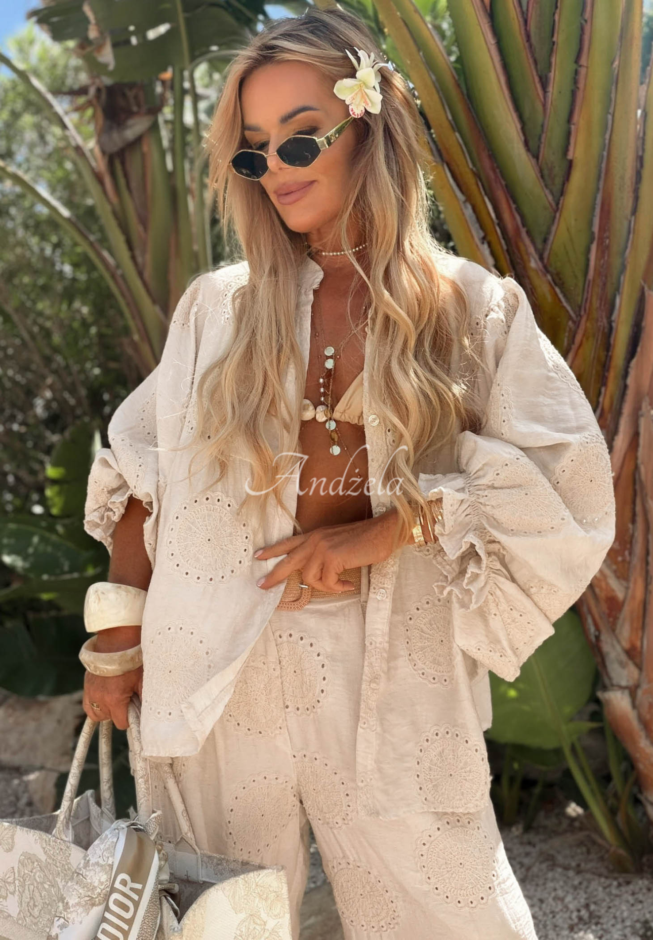 Bestickte, asymmetrische Boho-Baumwollbluse Ti Amo Beige