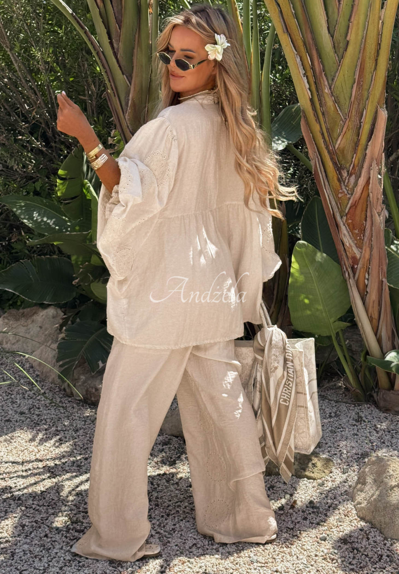 Bestickte, weite Boho-Baumwollhose Ti Amo beige