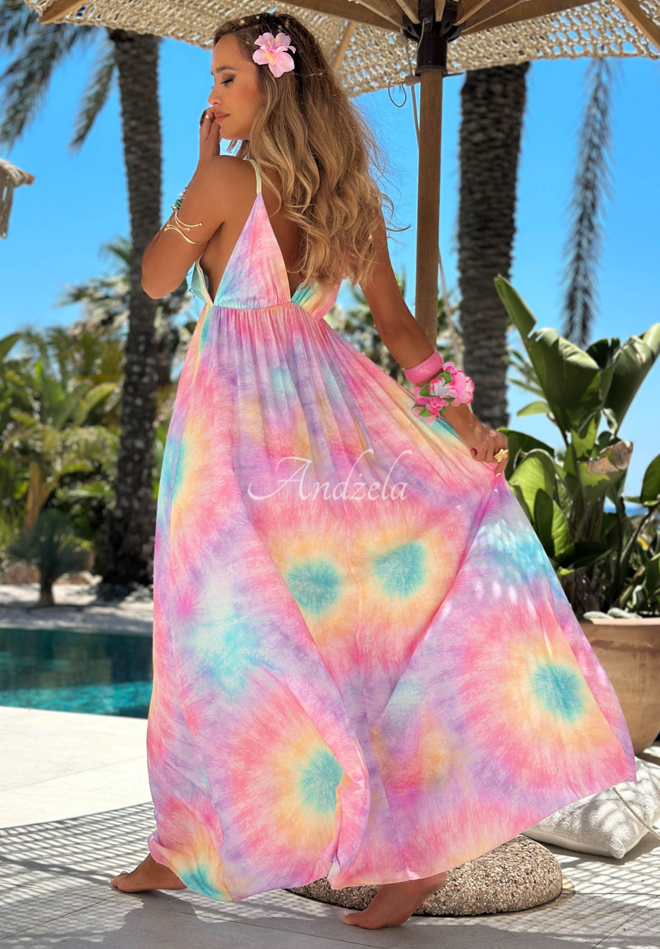 Maxikleid aus Viskose mit Trägern tie dye Pastel Tropics rosa-lila