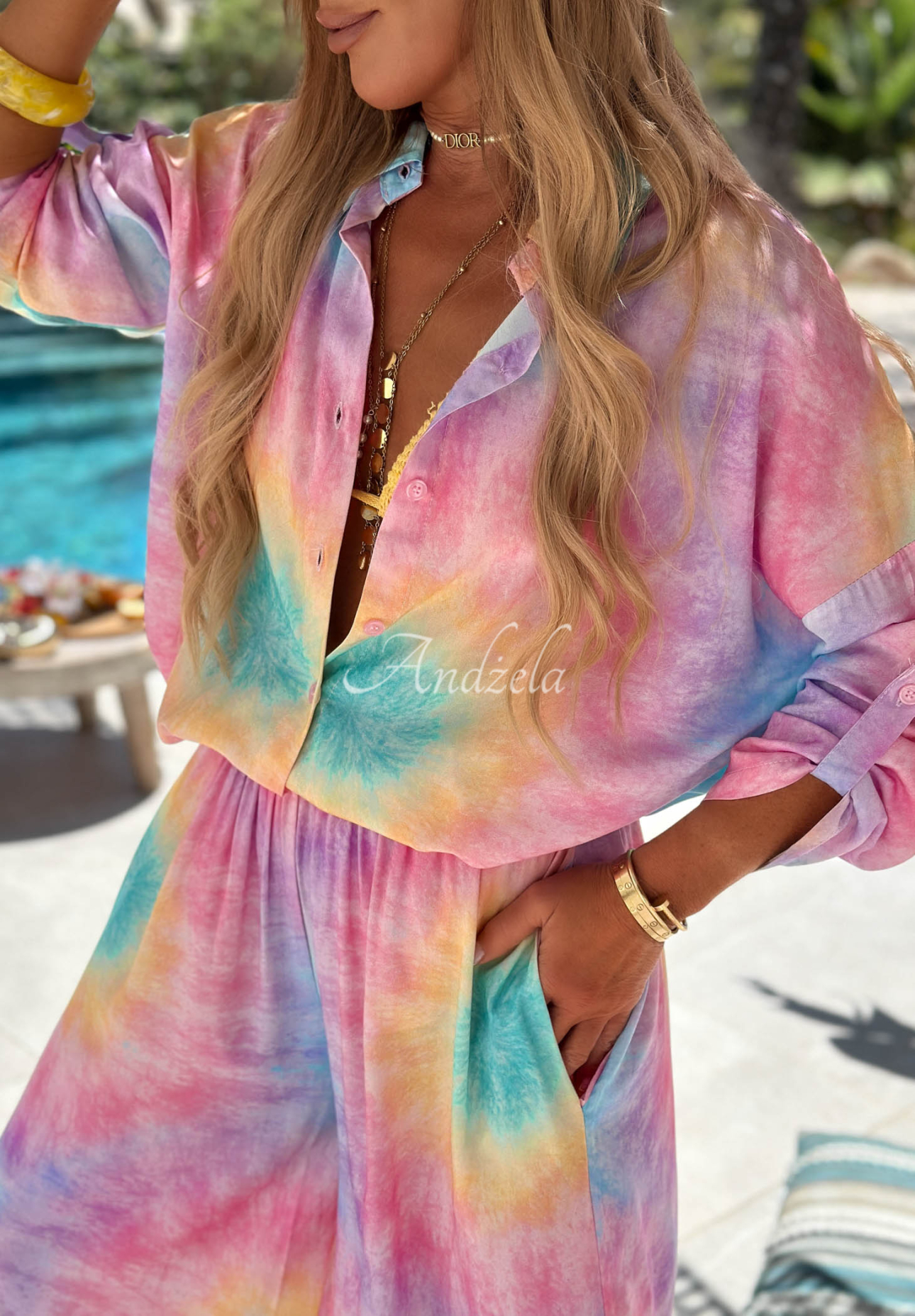 Vikose-Set aus Hemd und weit geschnittener Hose Tie Dye Pastel Tropics rosa-lila