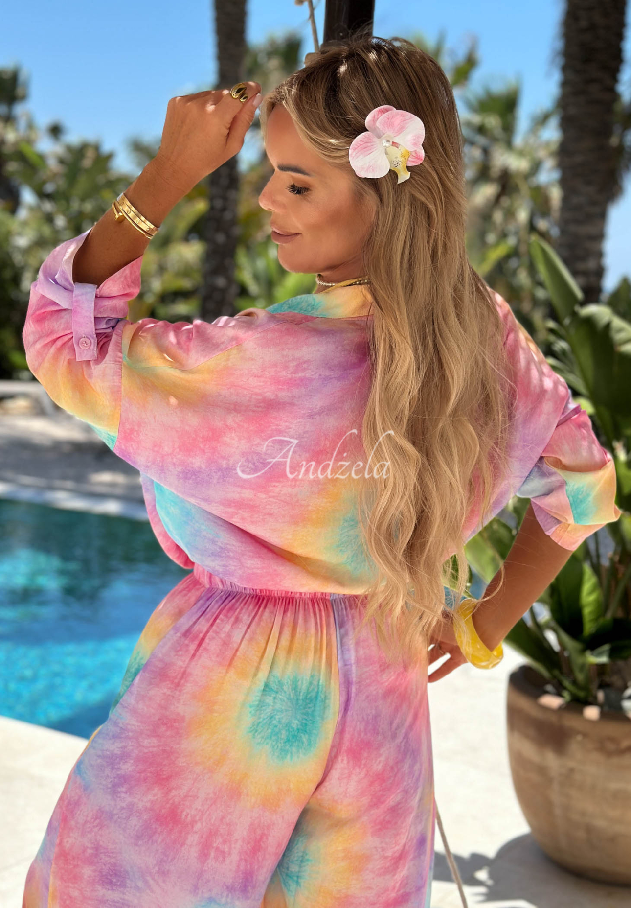 Vikose-Set aus Hemd und weit geschnittener Hose Tie Dye Pastel Tropics rosa-lila