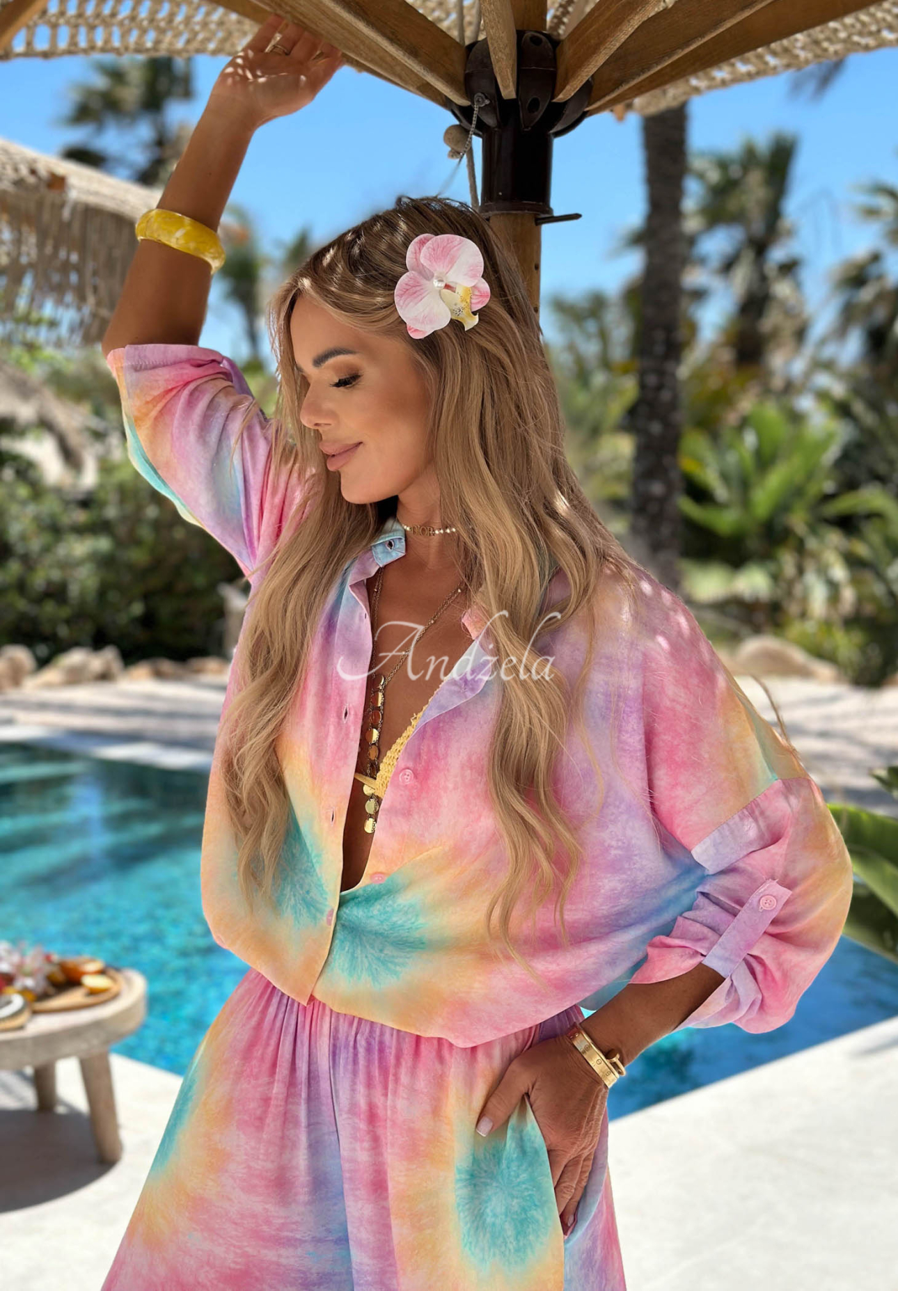 Vikose-Set aus Hemd und weit geschnittener Hose Tie Dye Pastel Tropics rosa-lila