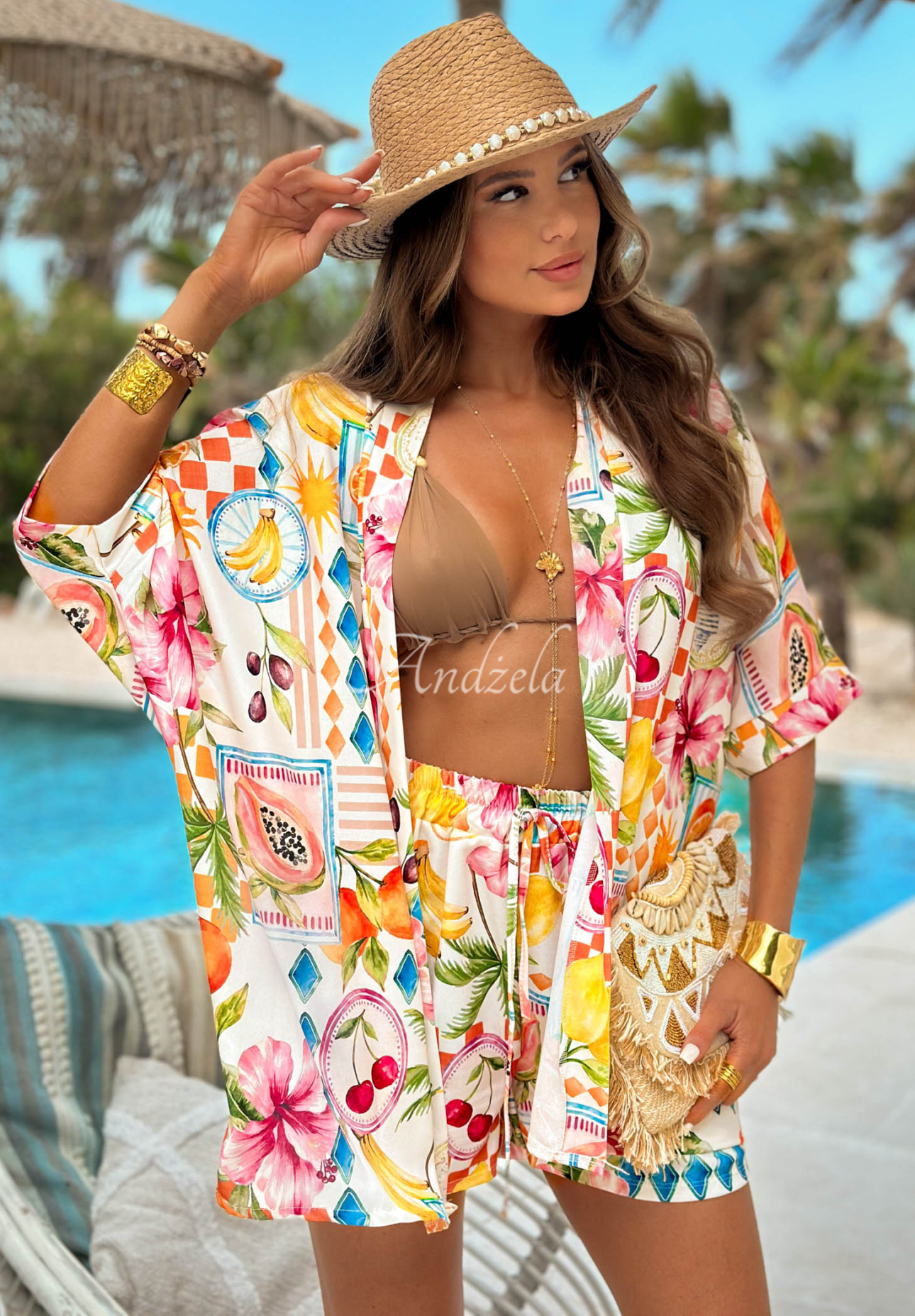 Gemustertes Set Hemd und Shorts Fruity Hawaii Weiß