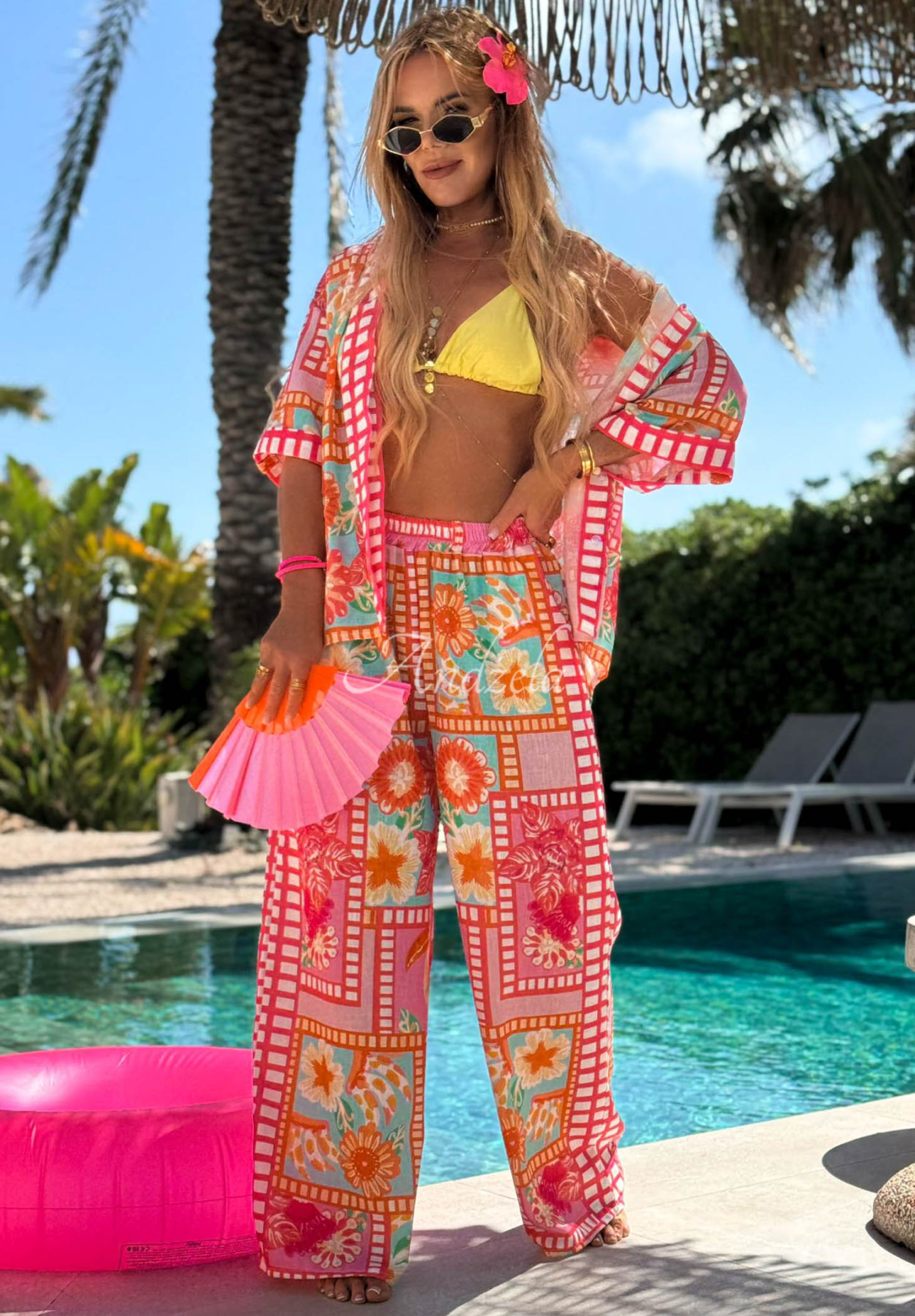 Set aus gemustertem Hemd und Hose aus Baumwolle und Leinen Sweet Paradise Rosa