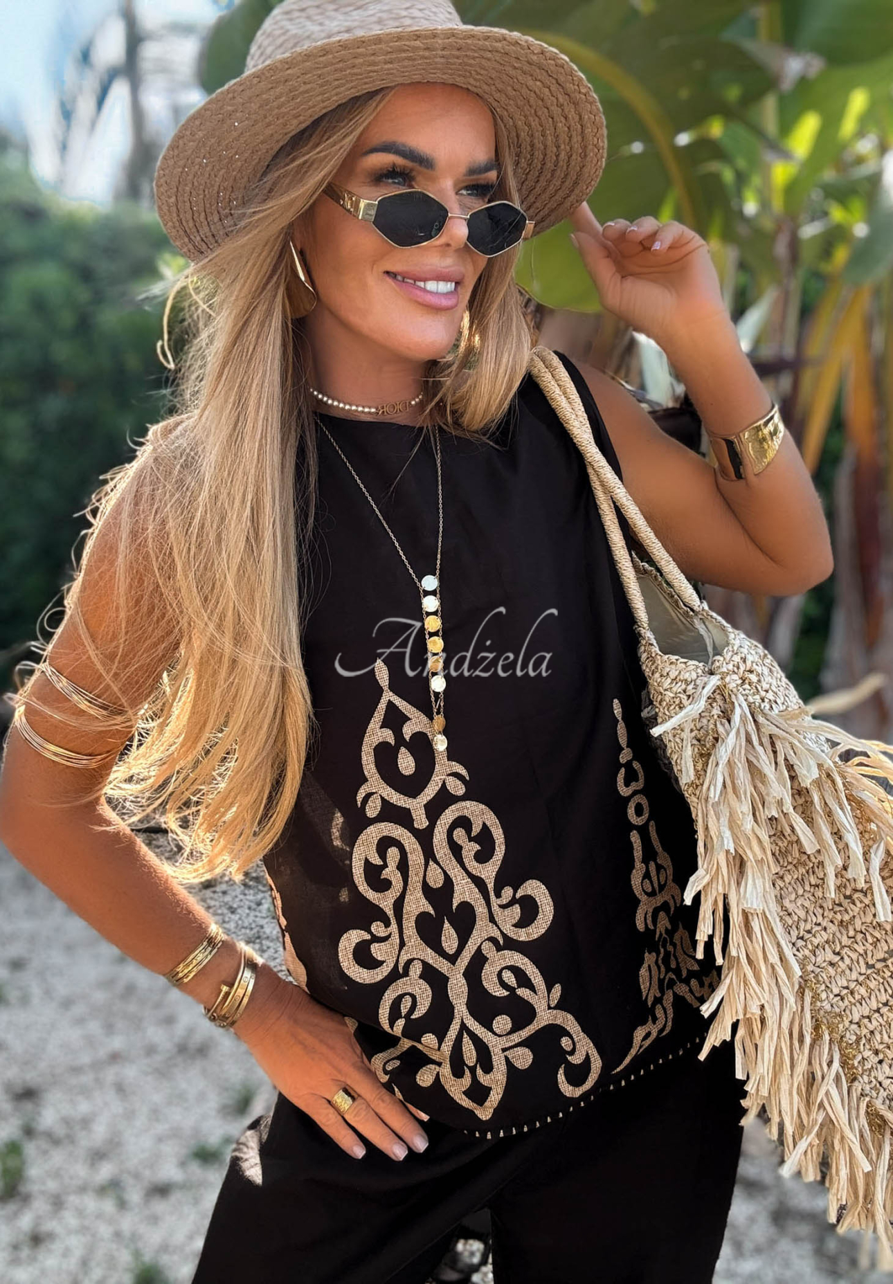 Baumwoll-Set aus gemustertem Oberteil und Hose wide leg Palm Residence Schwarz