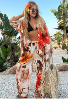 Set Hemd i Hose wide leg w kwiaty Summer Poppy Beige-Rot