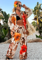 Set Hemd i Hose wide leg w kwiaty Summer Poppy Beige-Rot