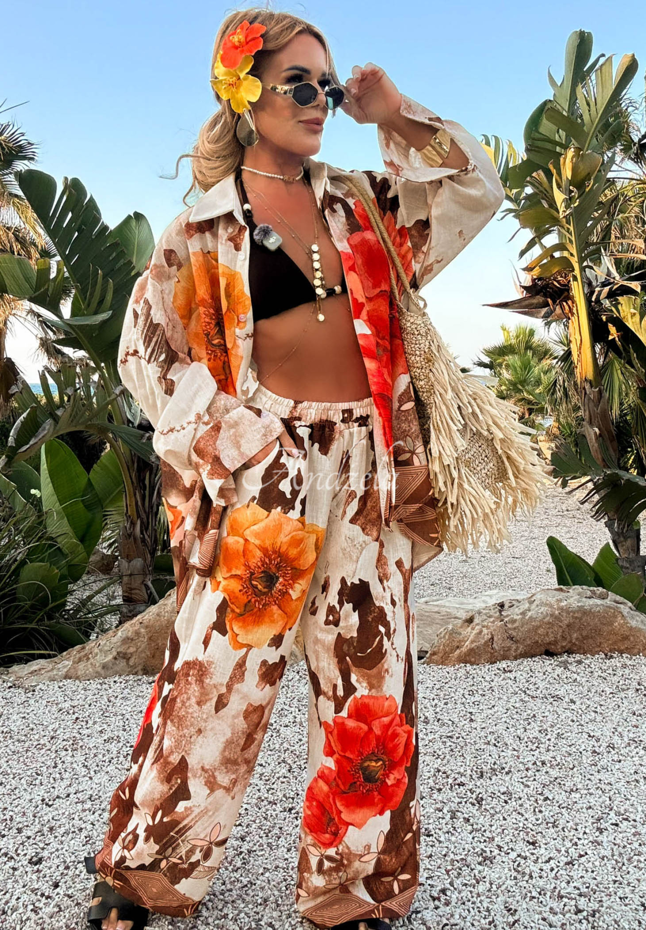 Leinen-Set aus Hemd und weite Hose mit Blumenmuster Summer Poppy beige-rot