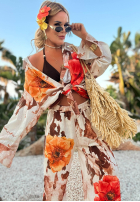 Set Hemd i Hose wide leg w kwiaty Summer Poppy Beige-Rot