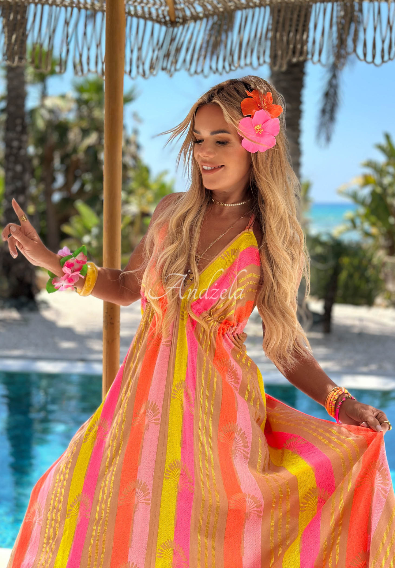 Baumwollkleid mit bunten Mustern Island Fantasy Mokkafarben