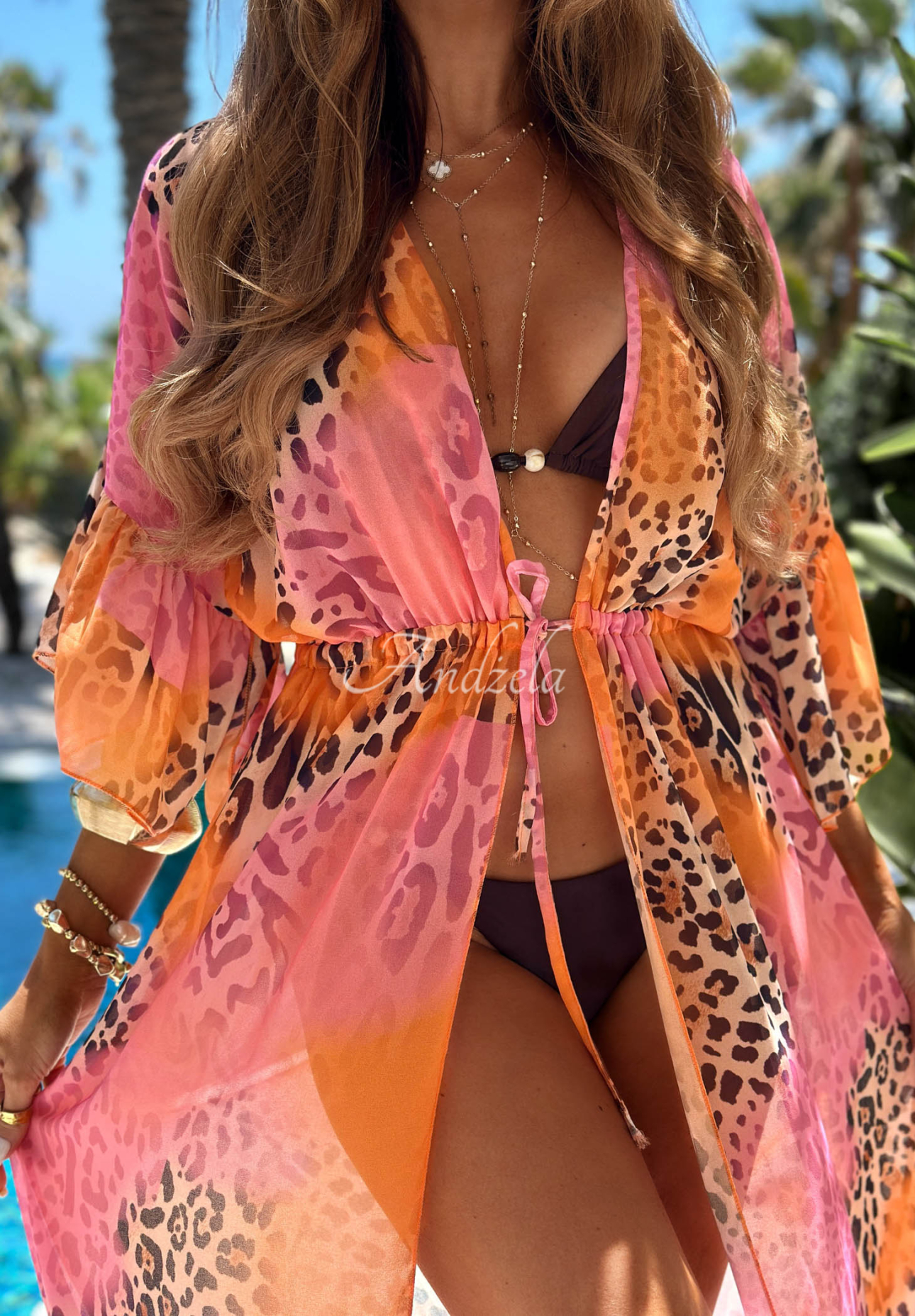Langer Strandüberwurf mit Leopardenmuster Paradise rosa-orange