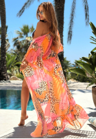 Długa narzutka plażowa w panterkę Paradise różowo-Orange