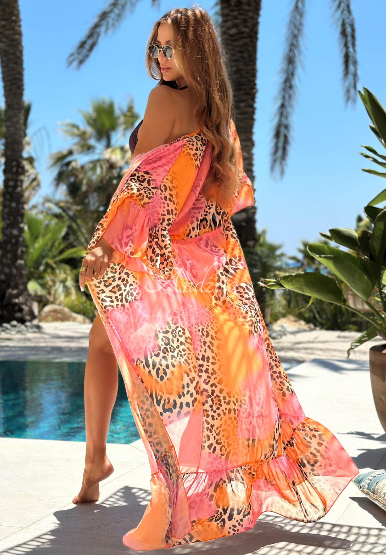 Langer Strandüberwurf mit Leopardenmuster Paradise rosa-orange