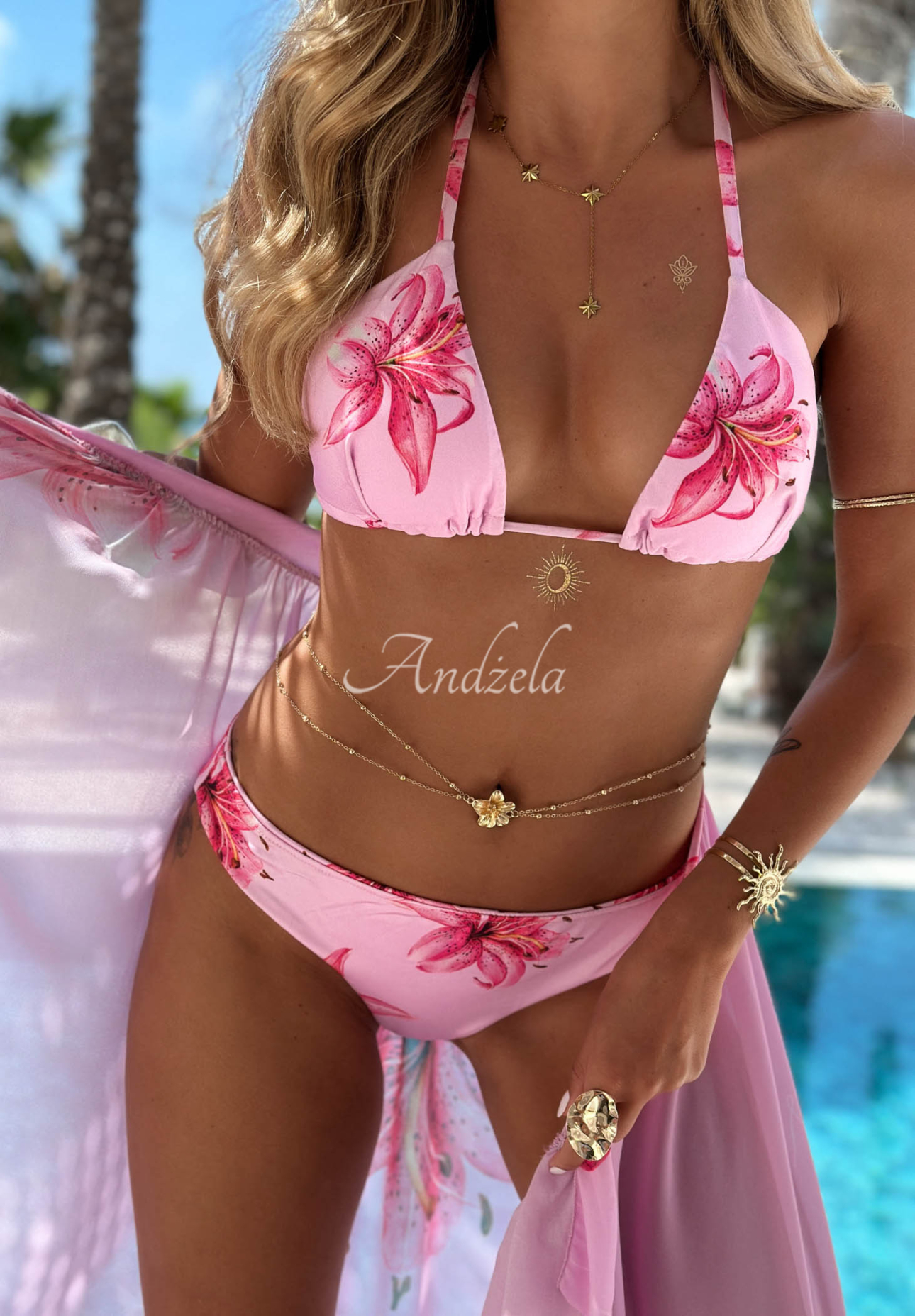 Bikini- und Pareo-Badeanzug-Set mit Blumenmuster Aloha Mermaid Rosa