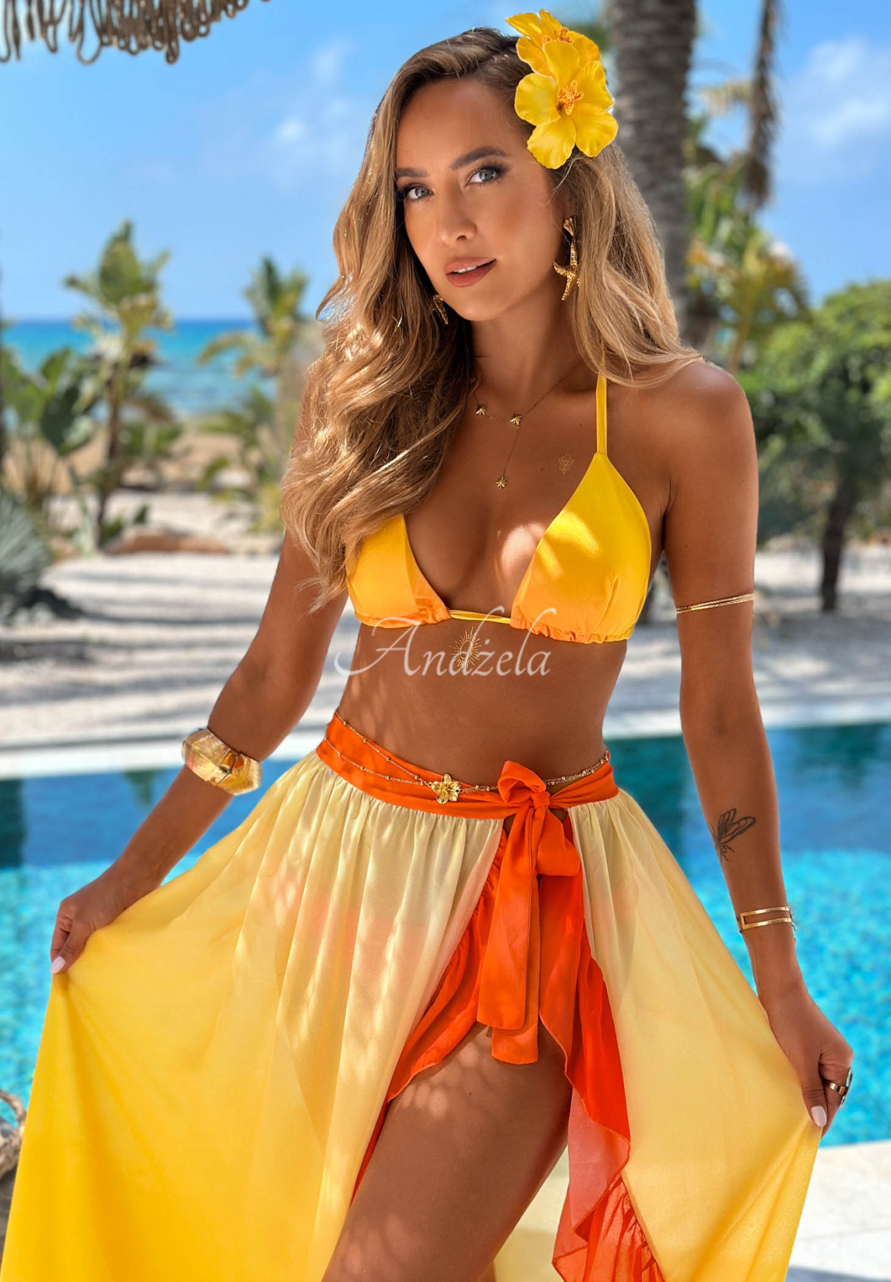 Bikini- und Pareo-Badeanzugset mit Rüschen Aloha Sunset gelb-orange