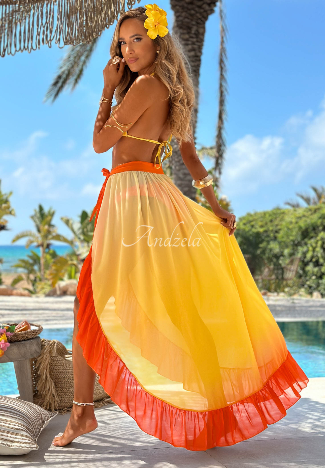 Bikini- und Pareo-Badeanzugset mit Rüschen Aloha Sunset gelb-orange
