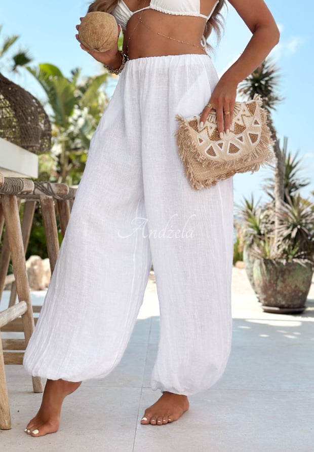 Leinen-Haremshose mit B&uuml;ndchen Sun Outfit Wei&szlig;