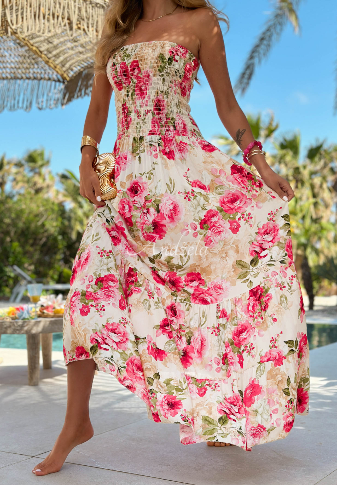 Trägerloses Maxikleid aus Viskose mit Blumenmuster Sun Bloom Ecru