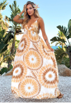Kleid maxi na ramiączkach tie dye Sandy Tropics biało-Camel