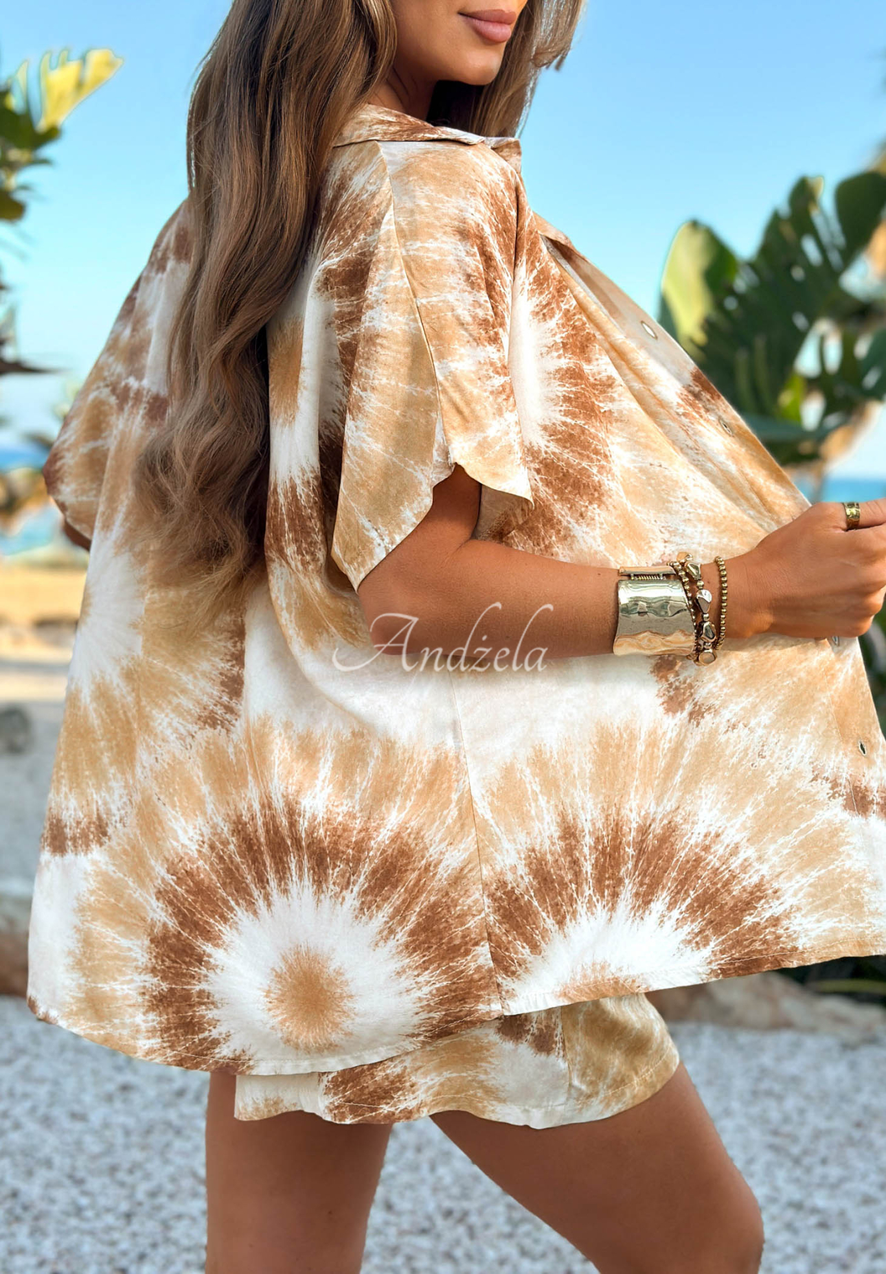 Viskose-Set aus Hemd und Shorts tie dye Sandy Tropics Weiß-Camel
