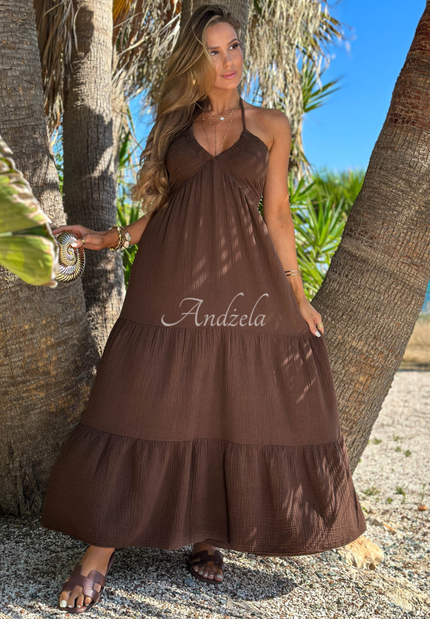 Ein Musselin-Kleid mit R&uuml;schen, im Nacken gebunden Little Sun Schokoladenbraun