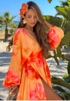 Kleid maxi z długimi rękawami w kwiaty Aloha Bloom Orange