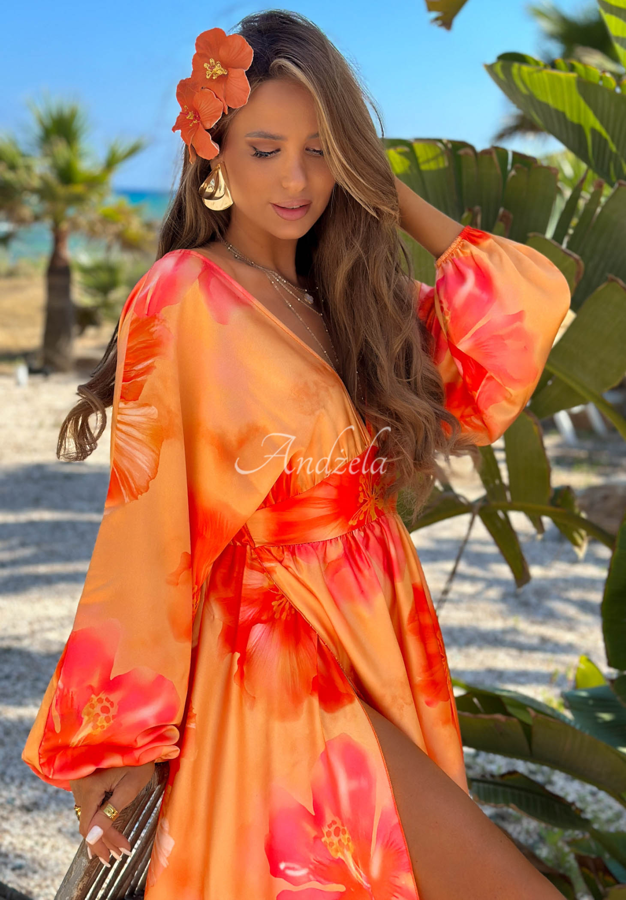 Maxikleid mit langen Ärmeln und Blumenmuster Aloha Bloom Orange