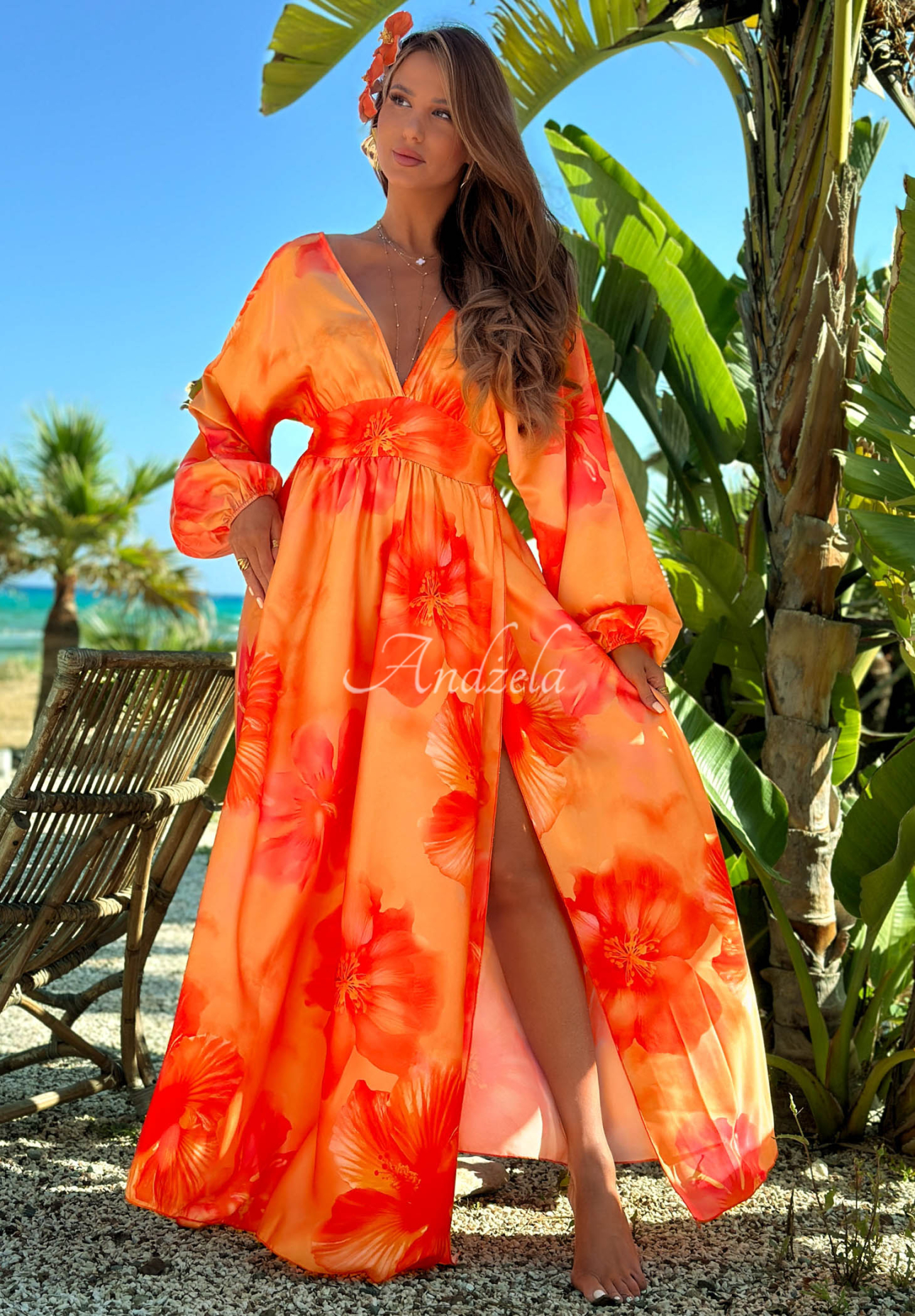 Maxikleid mit langen Ärmeln und Blumenmuster Aloha Bloom Orange