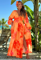 Kleid maxi z długimi rękawami w kwiaty Aloha Bloom Orange